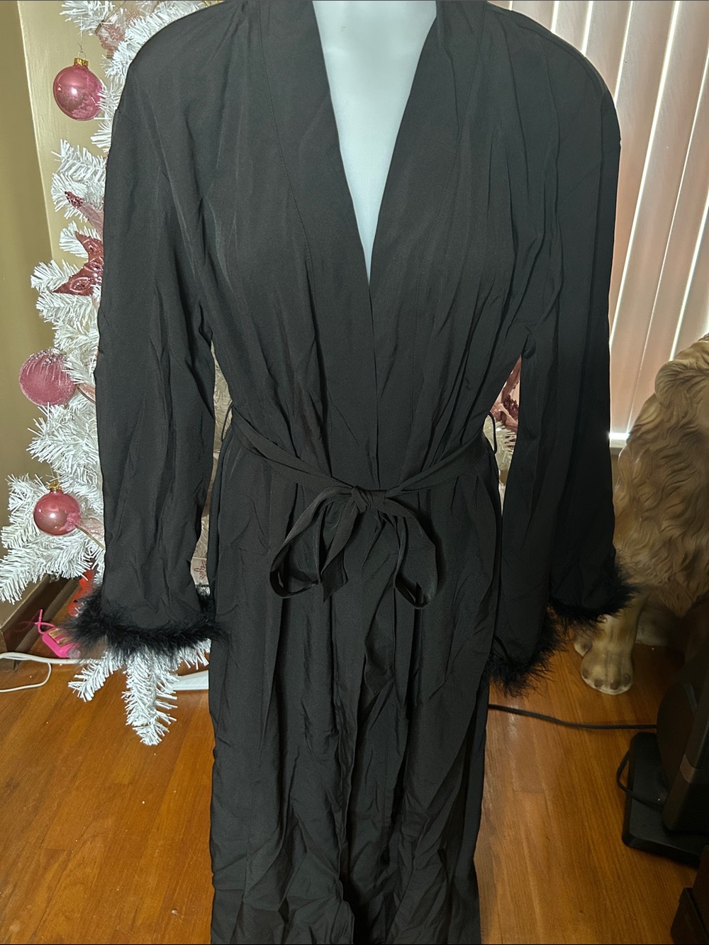 Black Feather Trim Satin Robe with Tie Waist